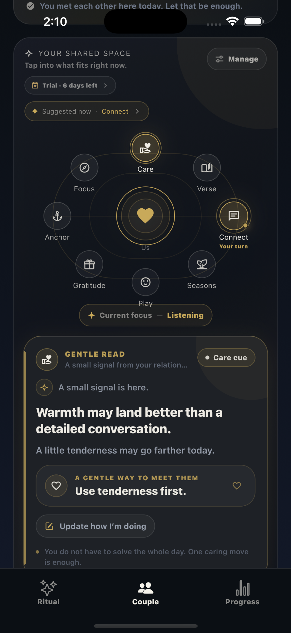 Anchor Us care cue showing a gentle way to respond to a spouse