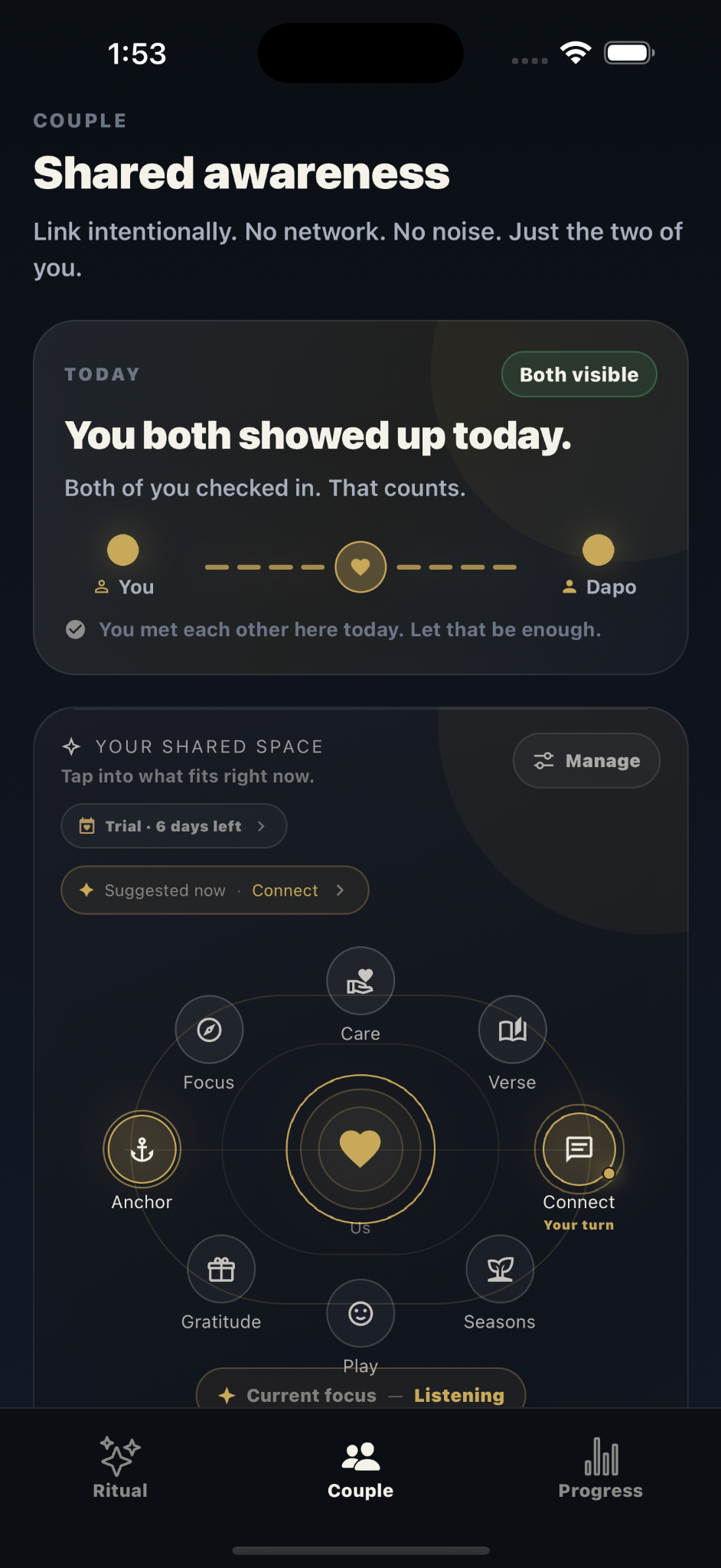 Anchor Us Couple Space showing shared awareness and couple tools