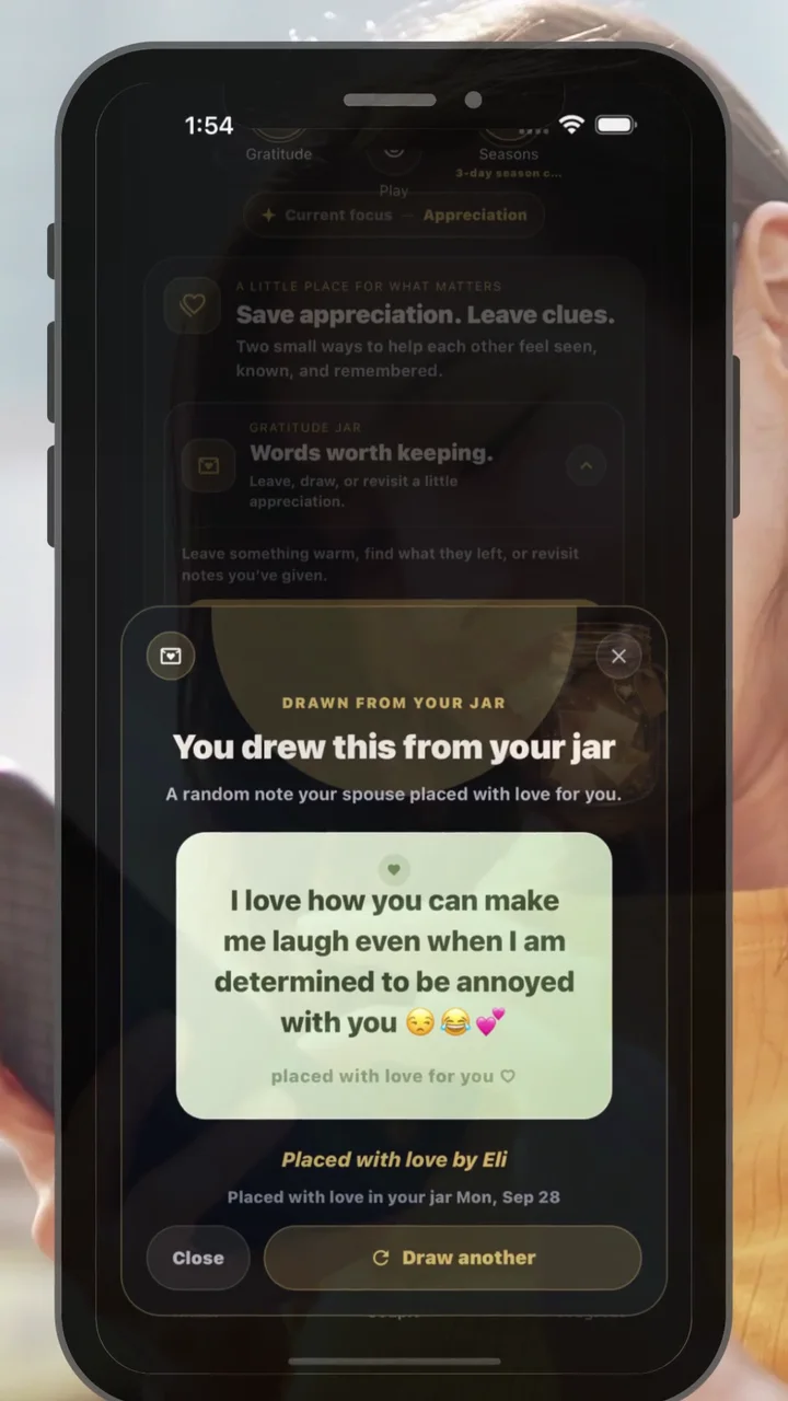 An Anchor Us Gratitude Jar note displayed on a phone, showing a playful message of appreciation from one spouse to the other.