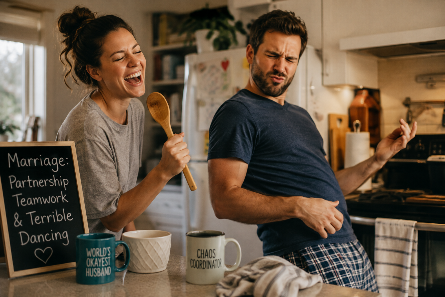 A married couple laughing and being playful together in their kitchen, with the wife using a wooden spoon like a microphone while her husband strikes a dramatic air-guitar pose.