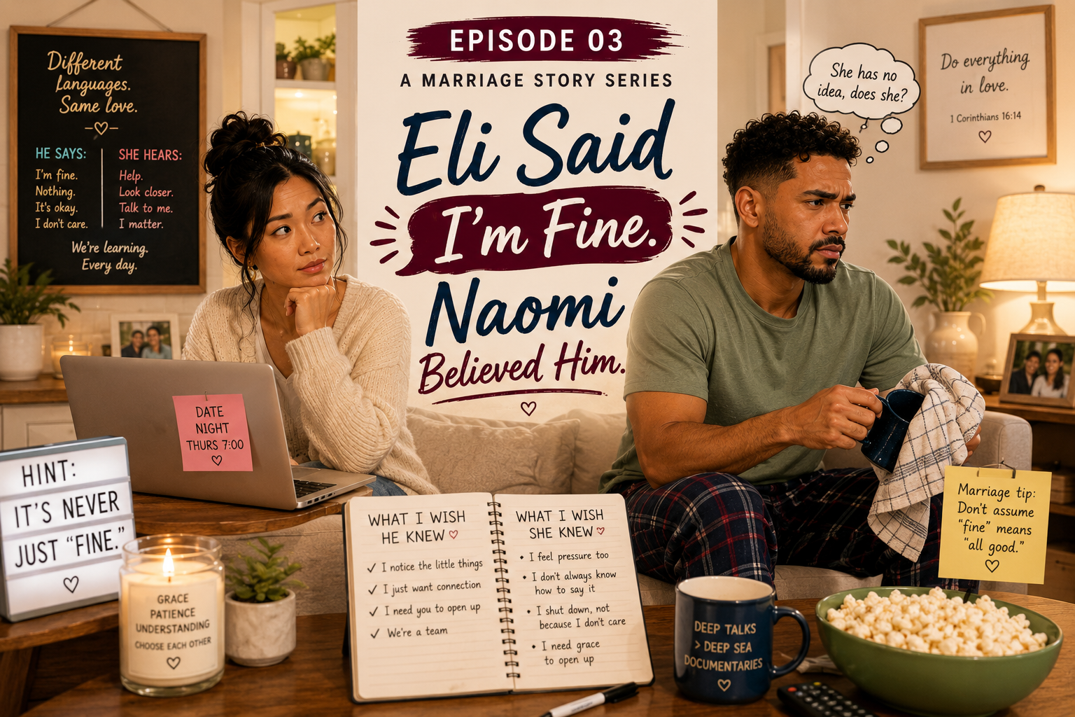 couples Eli and Naomi sitting next to each other. Naomi on the laptop, and Eli with a mug looking upset that Naomi does not understand that he is not fine