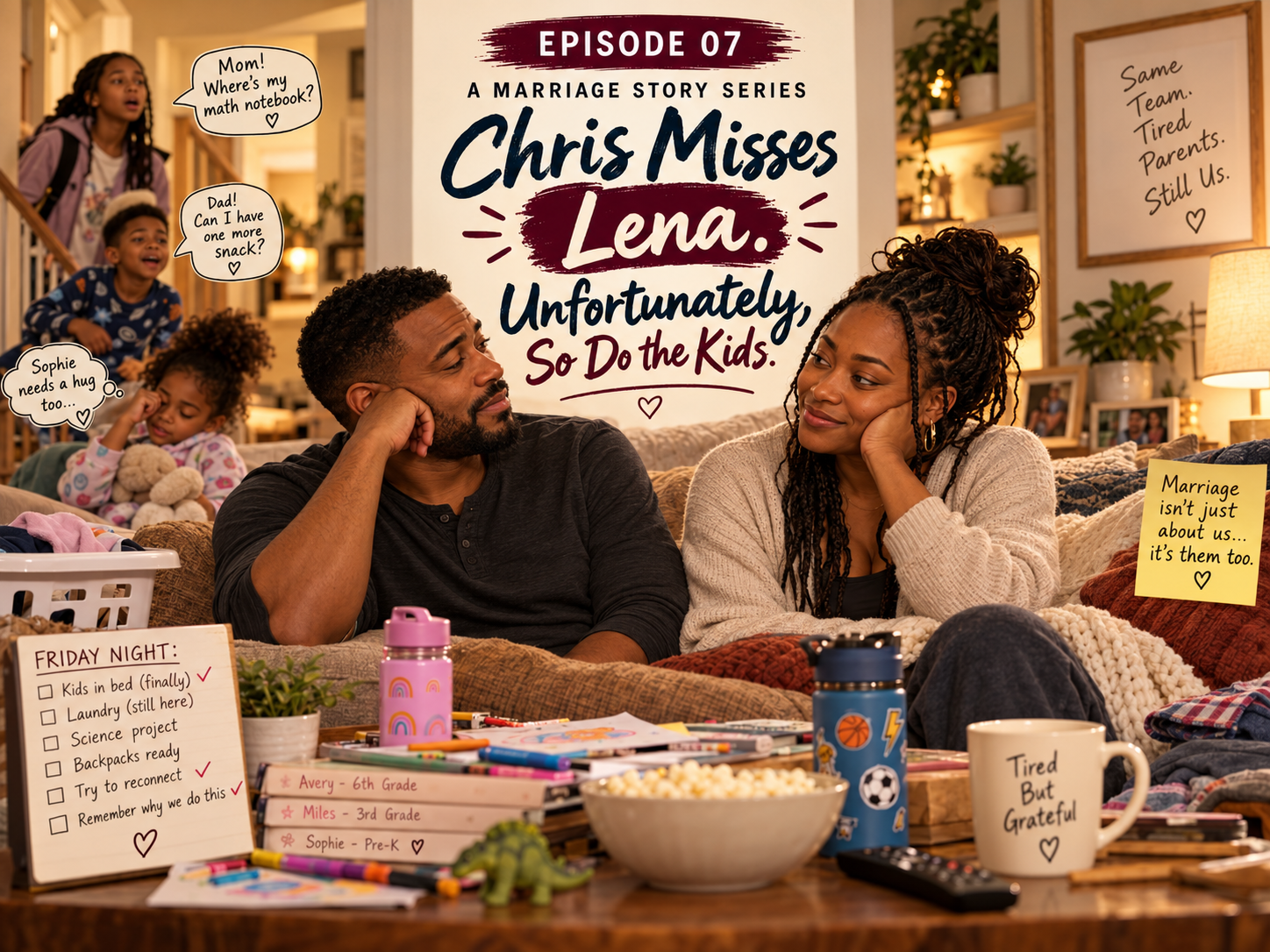 couple facing each other, and a text in the background saying Chris Misses Lena. Unfortunately So Do the Kids.