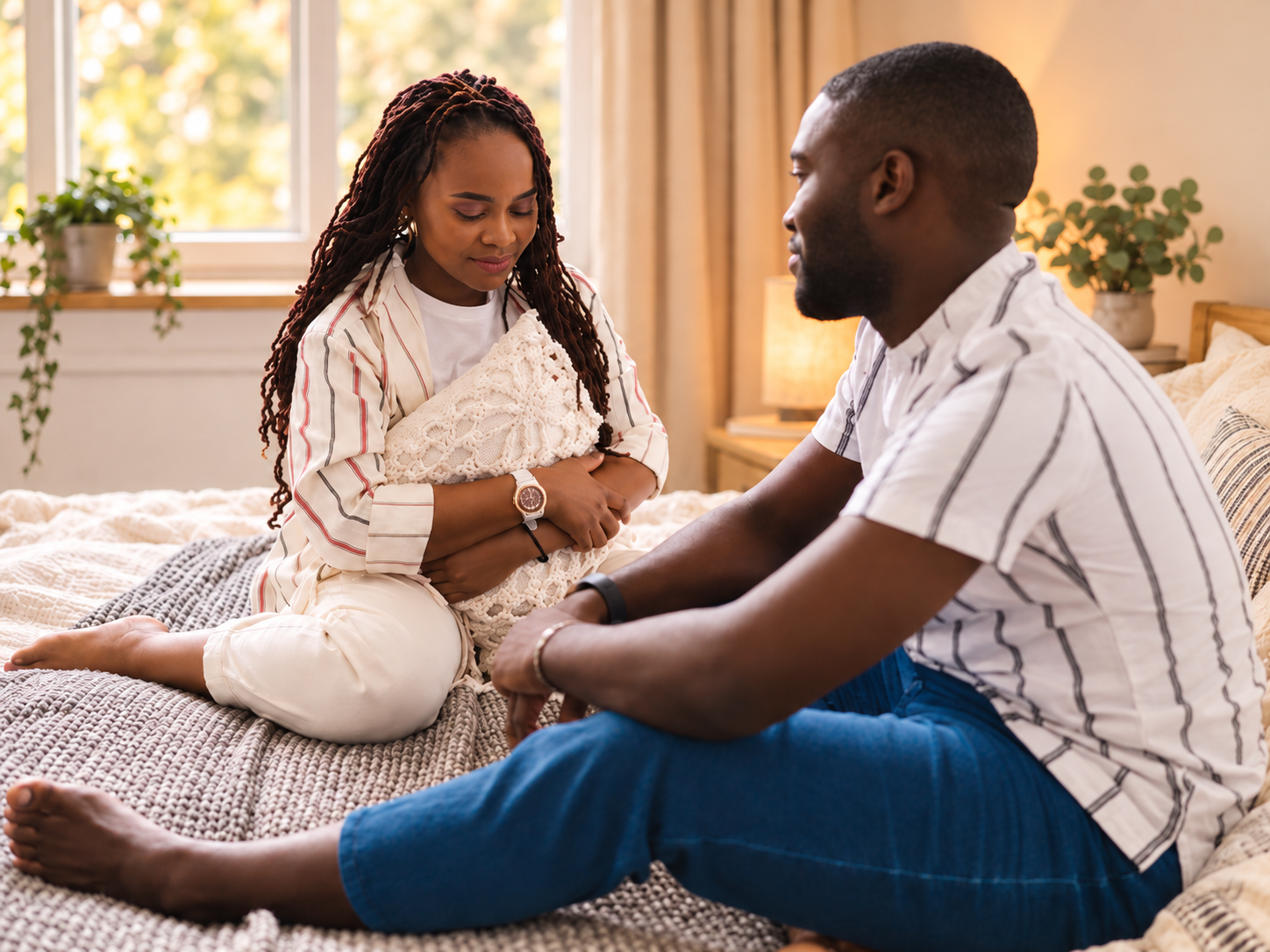 A married couple sits facing each other on a bed in a warm, softly lit bedroom, having a quiet and vulnerable conversation. The woman holds a pillow close while looking thoughtful, and her husband sits nearby listening attentively, creating a tender, intimate moment that reflects openness and connection.