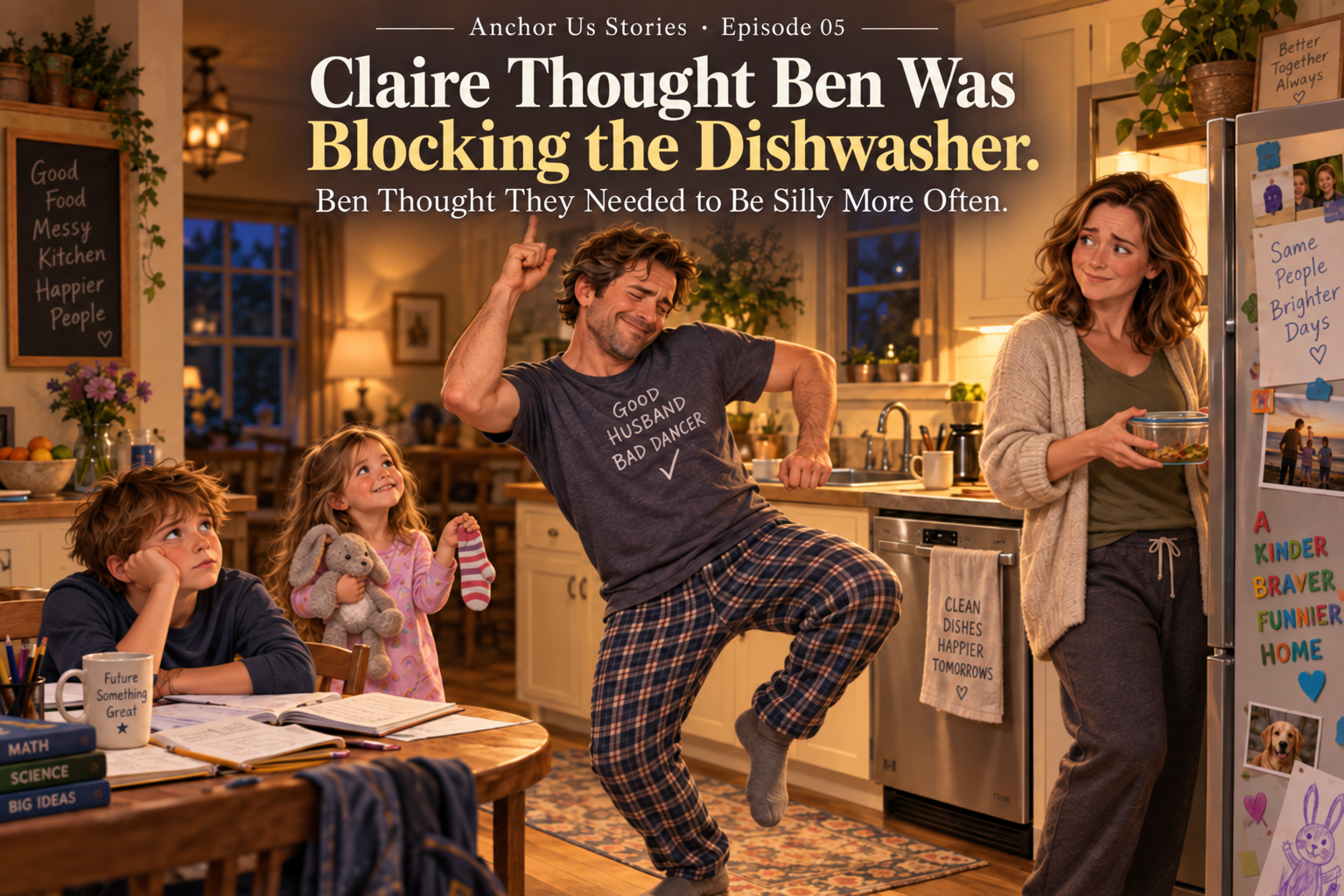 husband dancing funny in kitchen, and wife standing next to the refrigerator looking at him, and kids at the table, with son looking disappointed, and daughter smiling