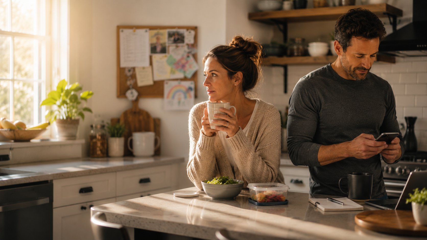 A married couple standing together in a warm morning kitchen, physically close but emotionally disconnected, with one spouse looking away thoughtfully while the other is focused on a phone.