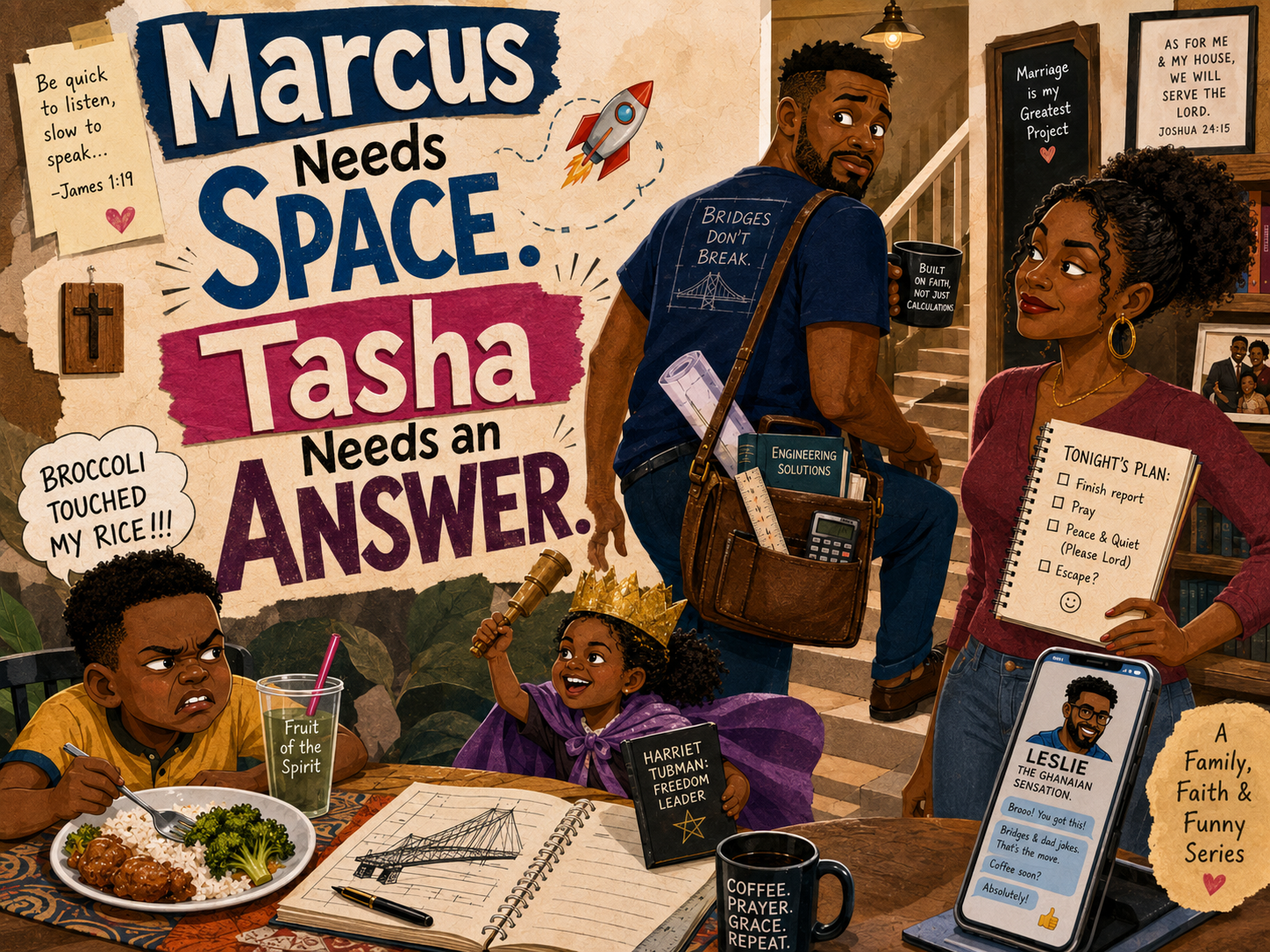 A cartoon image showing Marcus and Tasha and their two kids doing separate things in the kitchen