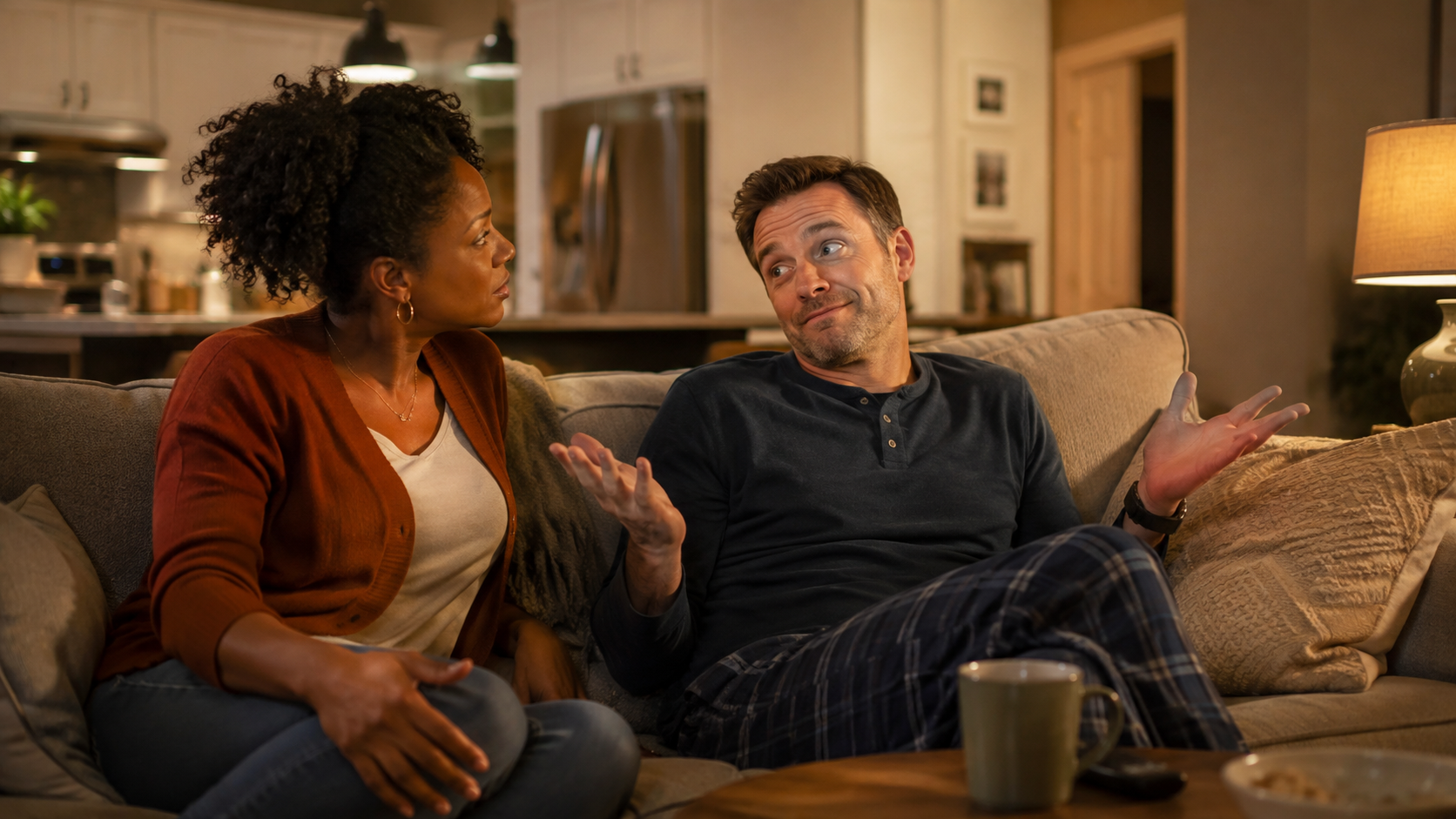 An interracial married couple sitting on a couch at home, facing each other during a conversation, with the husband shrugging in confusion while his wife looks at him expectantly.