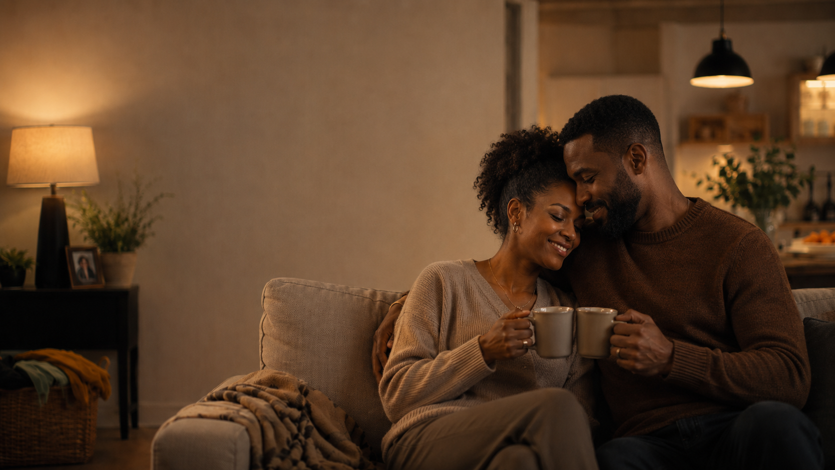 An African American married couple sharing a quiet, affectionate moment together on the couch at home with warm evening light.