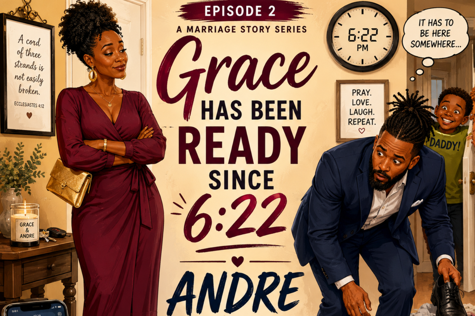 Grace stands fully dressed for an anniversary dinner while Andre searches for his missing dress shoe, with family chaos unfolding around them.