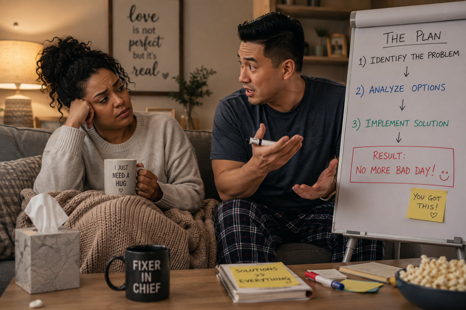 A tired wife sits on a couch holding a mug while her husband enthusiastically presents a detailed solution plan on a whiteboard, capturing the humorous mismatch between wanting comfort and receiving advice instead.