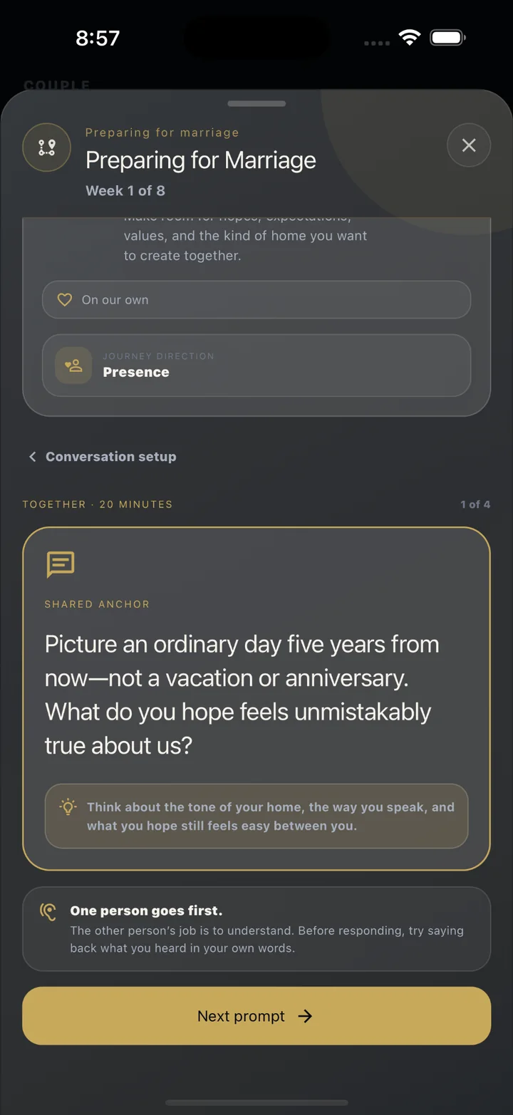 Preparing for Marriage Journey conversation prompt in Anchor Us
