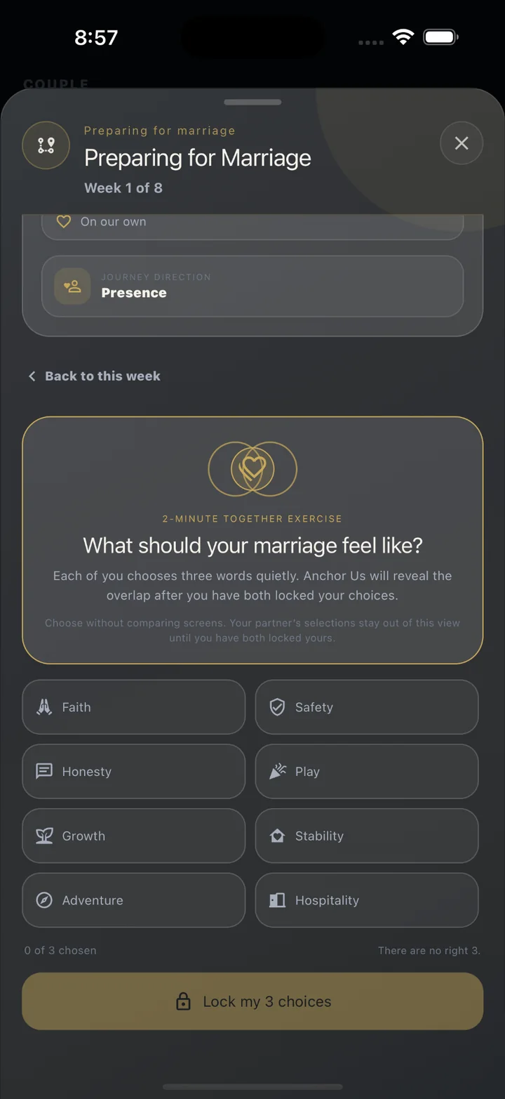 Private-first values exercise where each partner chooses before the mutual reveal